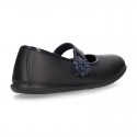 Girl School shoes Mary Jane style laceless with FLOWER in washable leather.