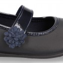 Girl School shoes Mary Jane style laceless with FLOWER in washable leather.