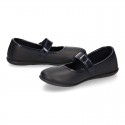 Girl School shoes Mary Jane style laceless with FLOWER in washable leather.