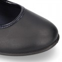 Girl School shoes Mary Jane style laceless with FLOWER in washable leather.