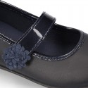 Girl School shoes Mary Jane style laceless with FLOWER in washable leather.