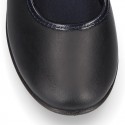 Girl School shoes Mary Jane style laceless with FLOWER in washable leather.