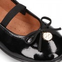 Girl´s BLACK PATENT Schoolballet flats with ribbon and elastic band.