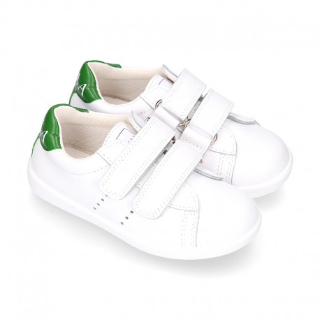 Washable Nappa leather Fashion OKAA kids School tennis shoes laceless.