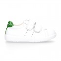 Washable Nappa leather Fashion OKAA kids School tennis shoes laceless.