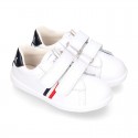 Washable Nappa leather OKAA kids School tennis shoes with flag design and laceless.