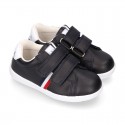 Washable Nappa leather OKAA kids School tennis shoes with flag design and laceless.