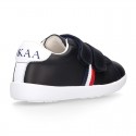 Washable Nappa leather OKAA kids School tennis shoes with flag design and laceless.