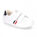 Washable Nappa leather OKAA kids School tennis shoes with flag design and laceless.