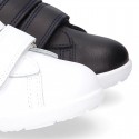 Washable Nappa leather OKAA kids School tennis shoes with flag design and laceless.