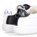 Washable Nappa leather OKAA kids School tennis shoes with flag design and laceless.