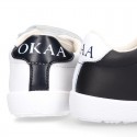 Washable Nappa leather OKAA kids School tennis shoes with flag design and laceless.