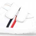 Washable Nappa leather OKAA kids School tennis shoes with flag design and laceless.