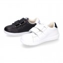 Washable Nappa leather OKAA kids School tennis shoes with flag design and laceless.