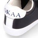 Washable Nappa leather OKAA kids School tennis shoes with flag design and laceless.