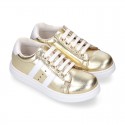 METAL finish leather OKAA Girl tennis shoes with laces.