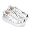 METAL finish leather OKAA Girl tennis shoes with laces.