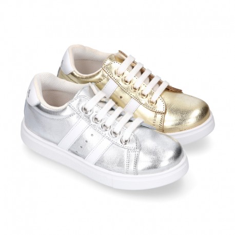 METAL finish leather OKAA Girl tennis shoes with laces.