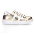 METAL finish leather OKAA Girl tennis shoes with laces.