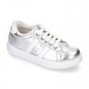 METAL finish leather OKAA Girl tennis shoes with laces.