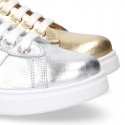 METAL finish leather OKAA Girl tennis shoes with laces.
