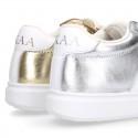 METAL finish leather OKAA Girl tennis shoes with laces.