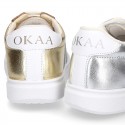 METAL finish leather OKAA Girl tennis shoes with laces.