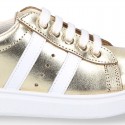 METAL finish leather OKAA Girl tennis shoes with laces.