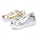 METAL finish leather OKAA Girl tennis shoes with laces.