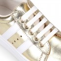 METAL finish leather OKAA Girl tennis shoes with laces.