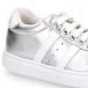 METAL finish leather OKAA Girl tennis shoes with laces.