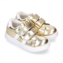 METAL finish leather OKAA Girl tennis shoes laceless.