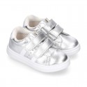 METAL finish leather OKAA Girl tennis shoes laceless.