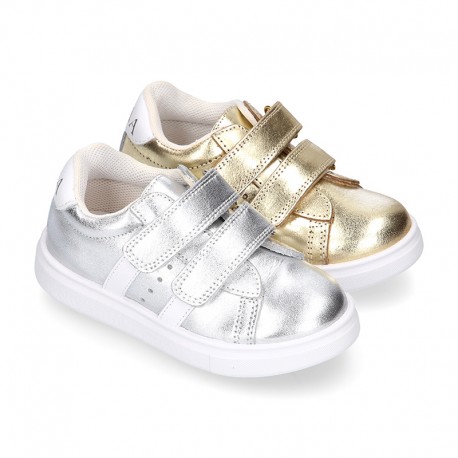 METAL finish leather OKAA Girl tennis shoes laceless.