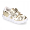 METAL finish leather OKAA Girl tennis shoes laceless.