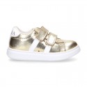 METAL finish leather OKAA Girl tennis shoes laceless.