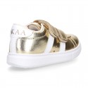 METAL finish leather OKAA Girl tennis shoes laceless.