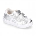 METAL finish leather OKAA Girl tennis shoes laceless.