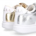 METAL finish leather OKAA Girl tennis shoes laceless.