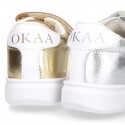 METAL finish leather OKAA Girl tennis shoes laceless.