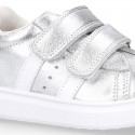 METAL finish leather OKAA Girl tennis shoes laceless.