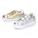 METAL finish leather OKAA Girl tennis shoes laceless.