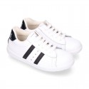 Washable leather OKAA kids School tennis shoes with laces, stripes design and toe cap.