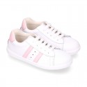 Washable leather OKAA kids School tennis shoes with laces, stripes design and toe cap.