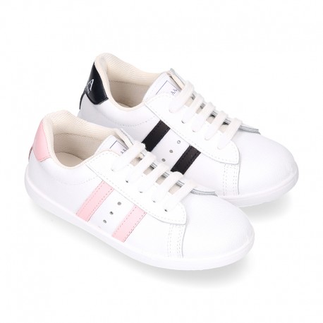 Washable leather OKAA kids School tennis shoes with laces, stripes design and toe cap.