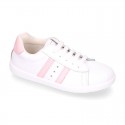 Washable leather OKAA kids School tennis shoes with laces, stripes design and toe cap.