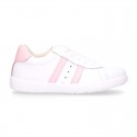 Washable leather OKAA kids School tennis shoes with laces, stripes design and toe cap.