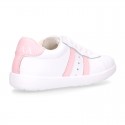 Washable leather OKAA kids School tennis shoes with laces, stripes design and toe cap.