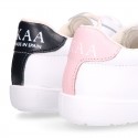 Washable leather OKAA kids School tennis shoes with laces, stripes design and toe cap.