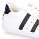 Washable leather OKAA kids School tennis shoes with laces, stripes design and toe cap.